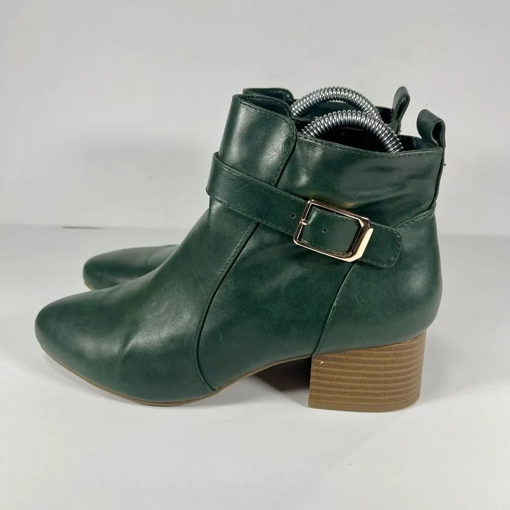 Charter Club Katiaa Green Ankle Boots Size 8.5M Gold Buckle Block Heel